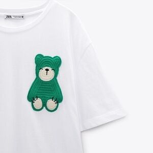 Zara woman’s crochet white shirt with a green bear 🐻